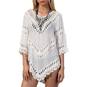 Boho White V-Neck Cut Out Crochet Tunic Top Blouse Shirt Beach Swimsuit Cover Up